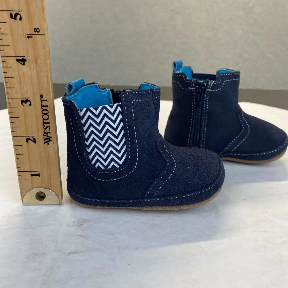 Robeez First Kicks Maddox Navy Leather Boot Size 6-9 Months Zipper,Baby, New